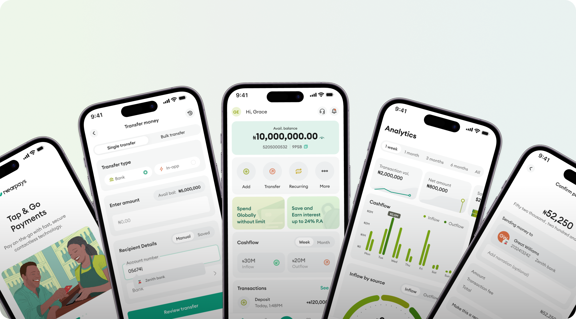 Nearpays app screens — payments, transfers, analytics and confirmation